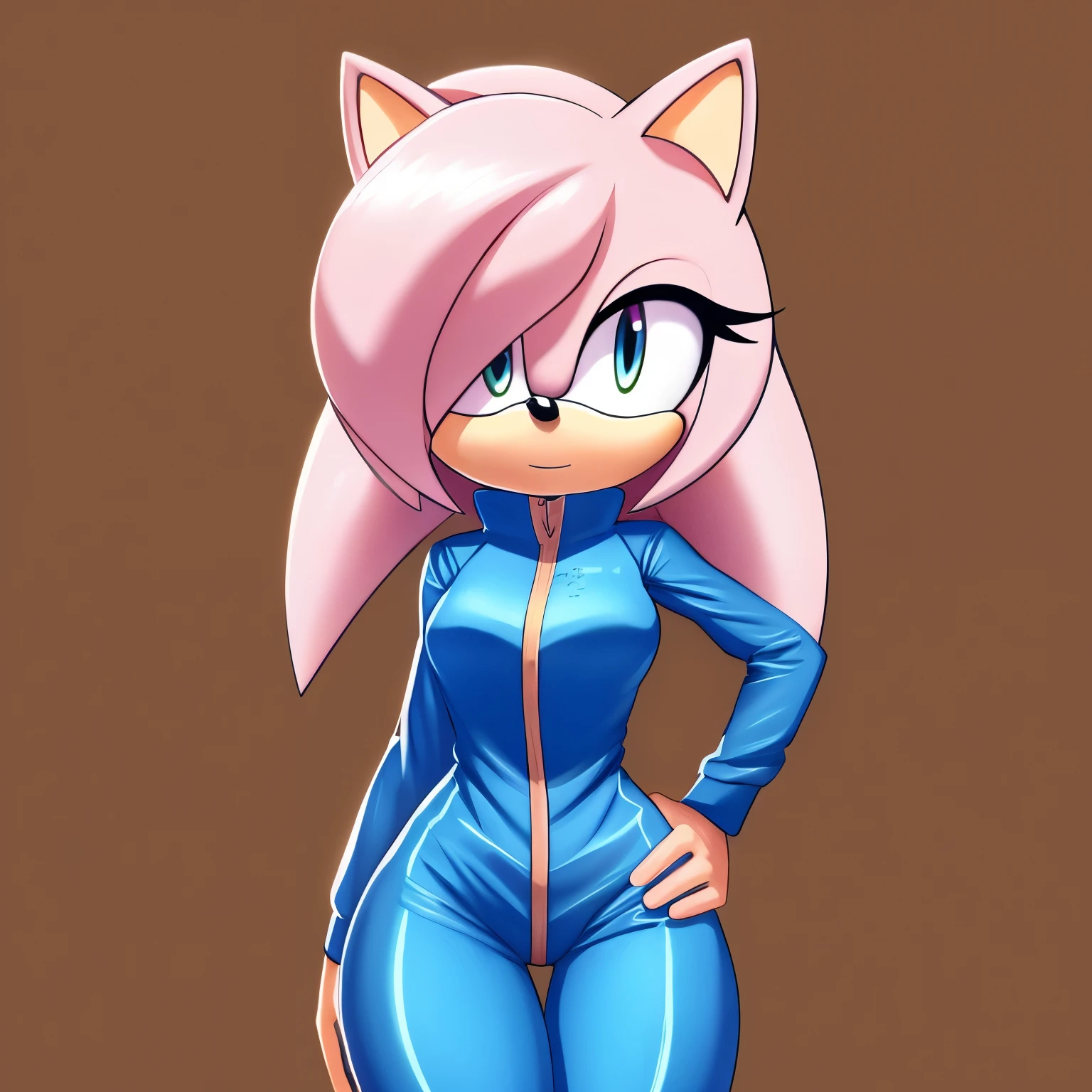 Female, Mobian, Hedgehog, pastel pink, jumpsuit, hair bang over one eye, 3 quills