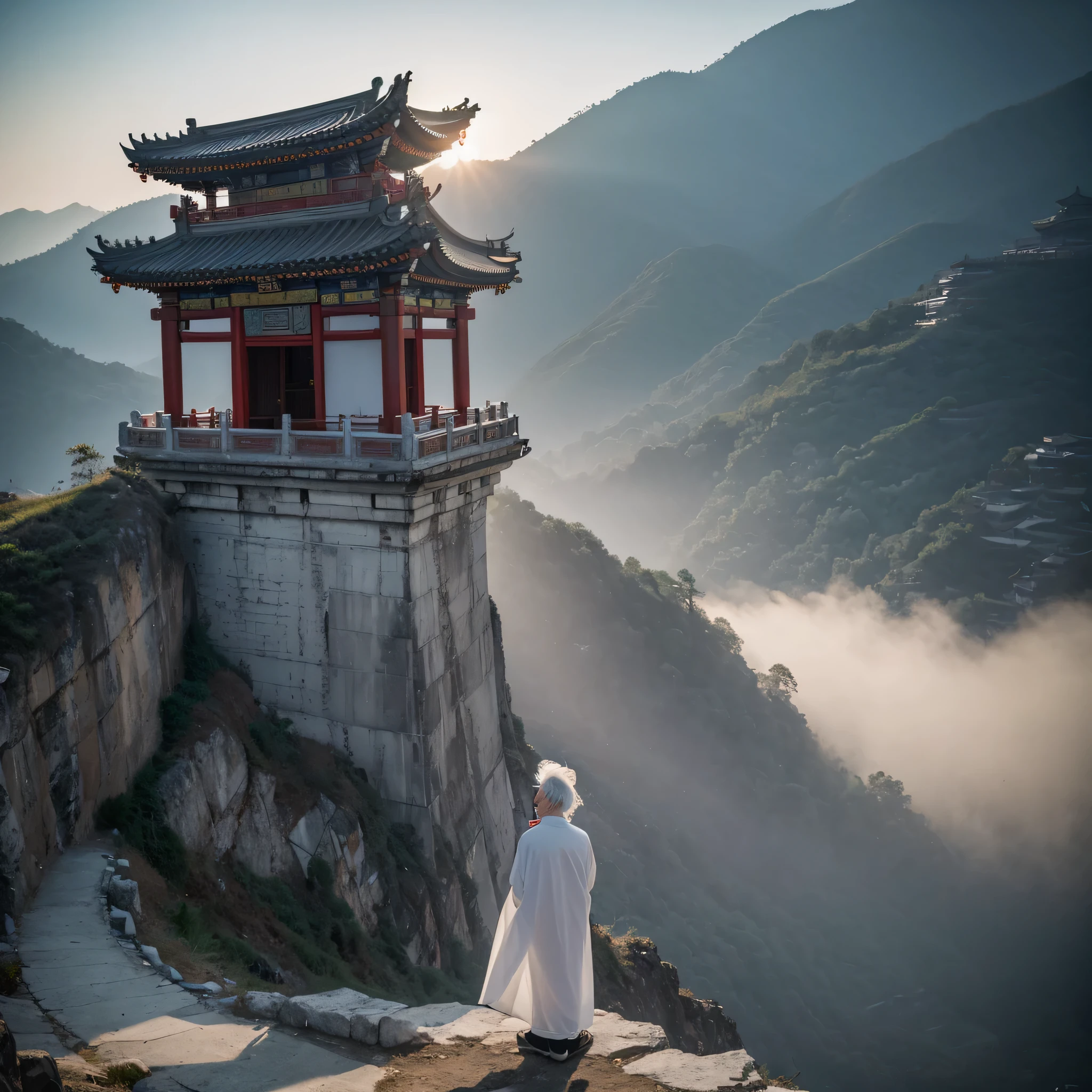An old Chinese man with white hair is very thin,white mustache,There is dust on hands,Standing on Wugong Mountain,in the sunset,There is a temple opposite,Dressed in white,Shot from top to bottom using Sony a7m4,Back view photos of people