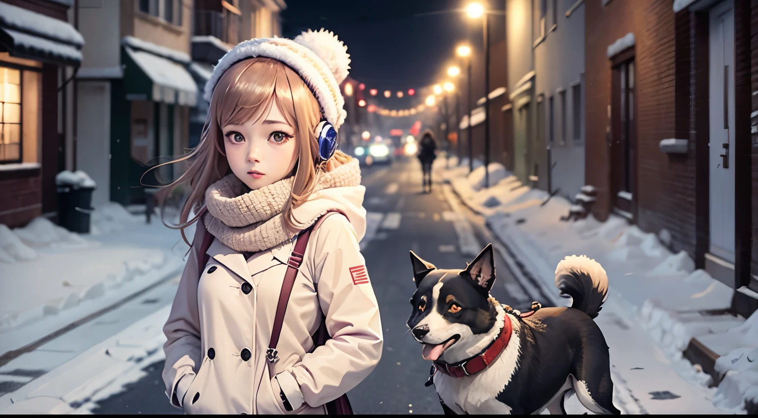 Anime girl listening to music while walking her dog on the winter street