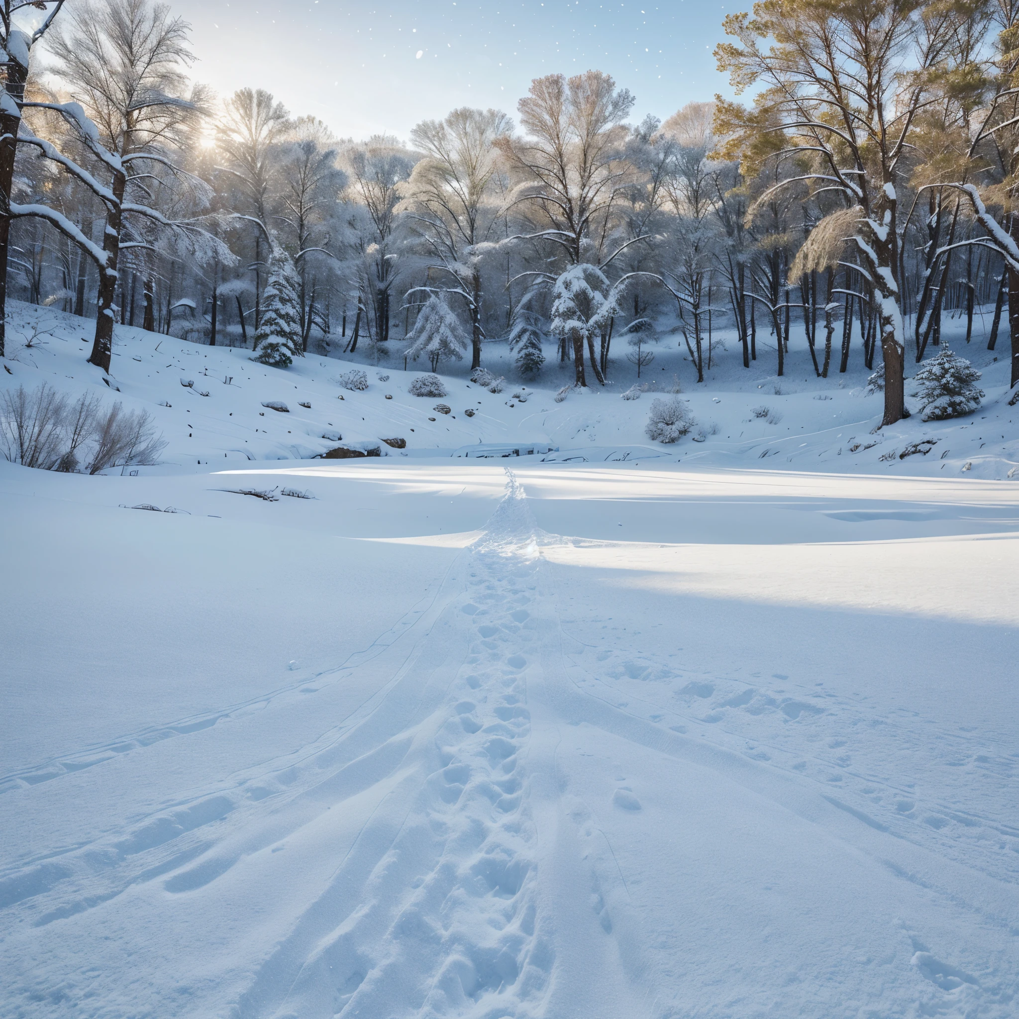 A freshly fallen snow: a pure and untouched blanket embracing the earth, welcoming carefree leaps and adding serenity to the surroundings. This exquisite image, like a winter landscape painting, captures the essence of tranquility and invites viewers to experience the calmness of a snowy wonderland. The glittering white surface, as delicate as lace, lies undisturbed beneath the azure sky, evoking a sense of peacefulness that soothes the soul.