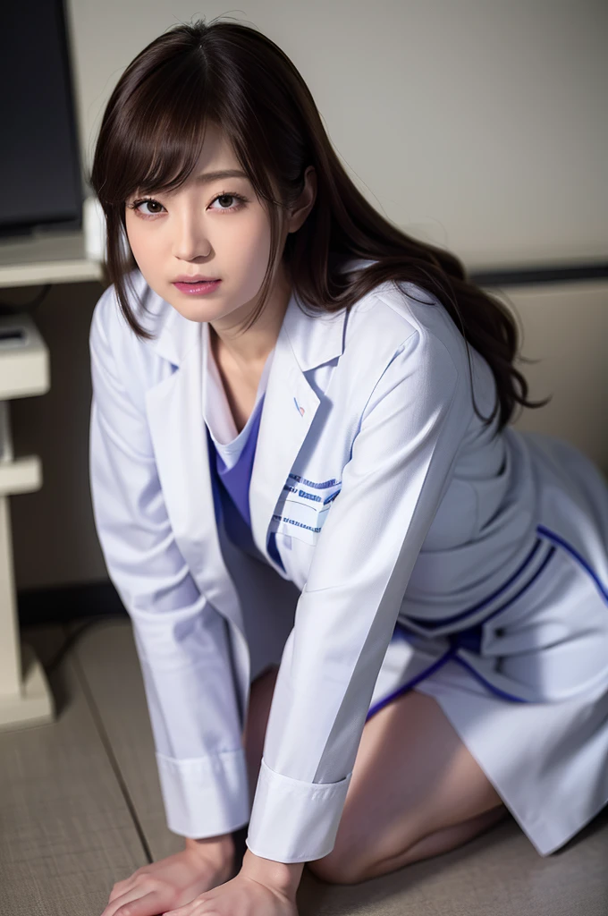 (Best Quality,8K,hight resolution,masutepiece:1.2),Ultra-detailed,(Realistic,フォトreallisticです,フォトreallistic:1.37),30-years old、Infirmary、(((Beautiful dental hygienist)))、(((Appearance during treatment)))、(Don't wear panties)), (((Leaning forward to look into the patient)))、(((Independent lab coat)))、(8K、top-quality、​masterpiece:1.2)、(reallistic、フォトreallistic:1.2)、 (((cross one's legs)))、(((Neat and clean lab coat)))、(((Kneeling and crossing)))、独奏、hospitals、watching at viewers、(Sit up:1.5)、(((hospitalsの病室)))、skirt by the, Nurse lab coat, sockes, A dark-haired, bblurry, bblurry