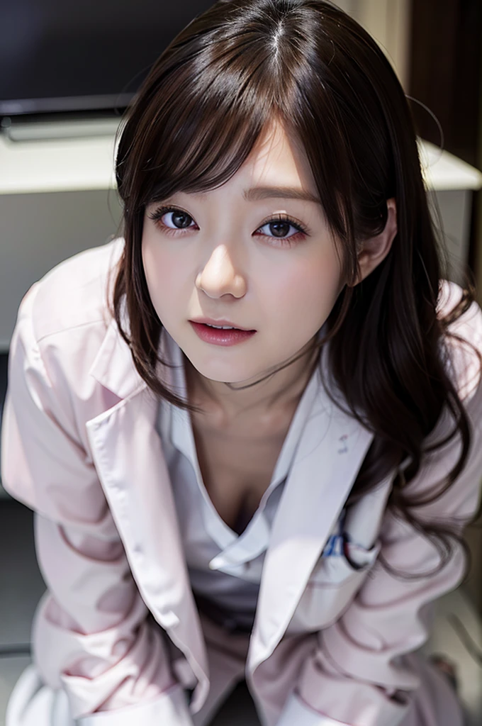 (Best Quality,8K,hight resolution,masutepiece:1.2),Ultra-detailed,(Realistic,フォトreallisticです,フォトreallistic:1.37),30-years old、Infirmary、(((Beautiful dental hygienist)))、(((Appearance during treatment)))、(Don't wear panties)), (((Leaning forward to look into the patient)))、(((Independent lab coat)))、(8K、top-quality、​masterpiece:1.2)、(reallistic、フォトreallistic:1.2)、 (((cross one's legs)))、(((Neat and clean lab coat)))、(((Kneeling and crossing)))、独奏、hospitals、watching at viewers、(Sit up:1.5)、(((hospitalsの病室)))、skirt by the, Nurse lab coat, sockes, A dark-haired, bblurry, bblurry