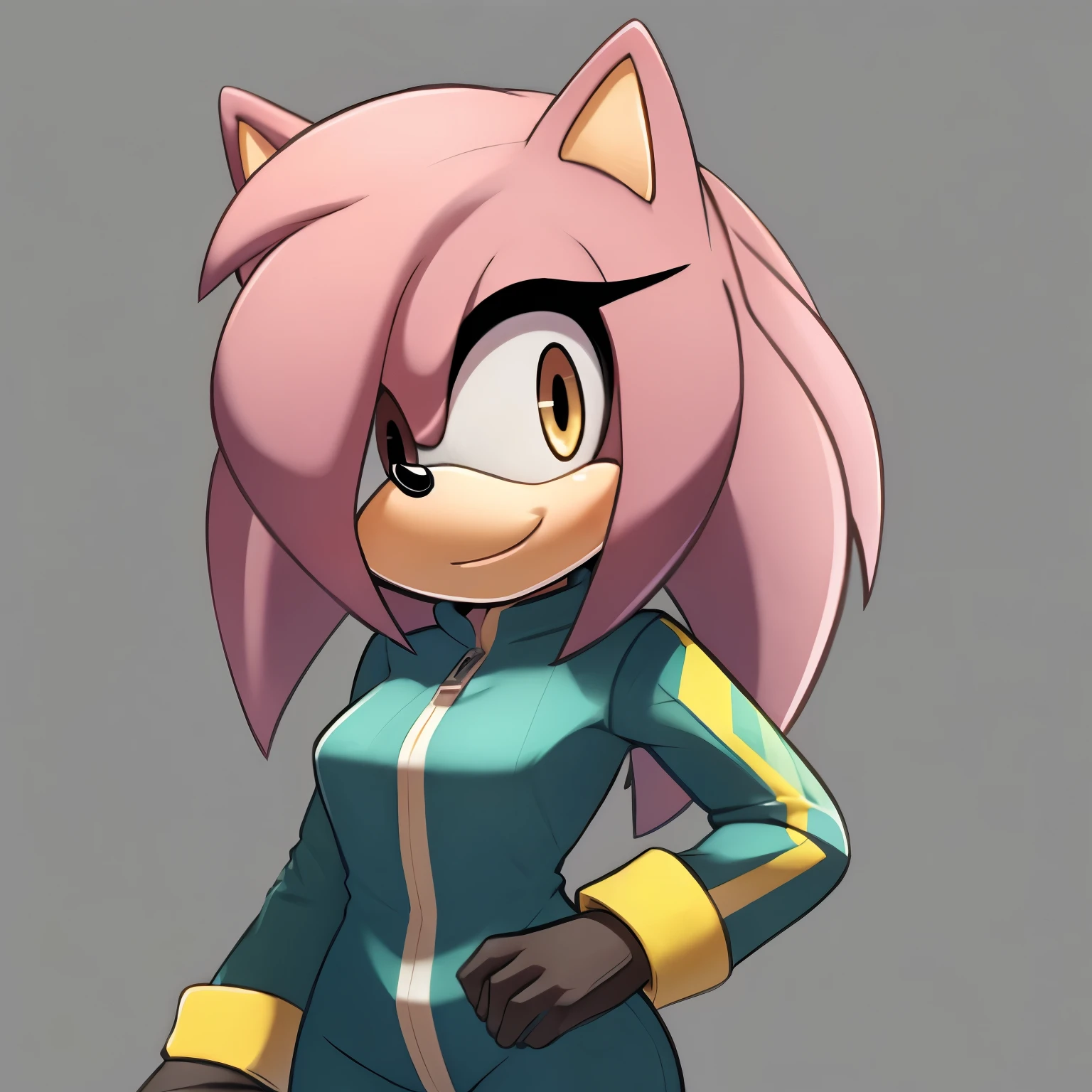 Female, Mobian, Hedgehog, pastel pink, jumpsuit, hair bang over one eye, 3 quills