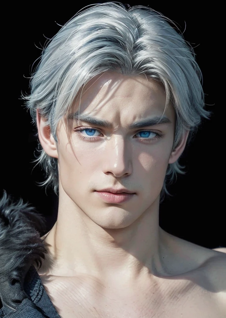 (((best quality))),(((ultra high resolution))),(((photo realistic:1.4))),(Portrait of a man)
BREAK
((38 year old)),(((large faded scar over right eye)))((white hair)),(((vivid blue eyes))), curtain hairstyle, a little stern, masculine face, roman nose, muscular, heroic, black armor, detailed and correct facial structure, johan liebert mixed with dante, handsome, attractive, 
BREAK
frost forest scenery, realistic, cinematic lighting, unreal engine, masterpiece, best quality, by Irakli Nadar, Greg Rutkowski