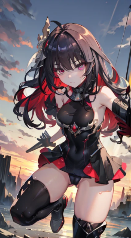 masutepiece, Best Quality,Squat ,Crab crotch,leotard,highleg, Elegant, 1girl in, thigh high boots, well-muscled,Cute, blushed, Looking at Viewer, From above,, Mini skirt, White and black striped T-shirt, Blue eyes, Beautiful eyes, Beautiful background, light Particle, Sun rays, Dramatic Lighting, Outside, shiny, Realistic, masutepiece, Best Quality, Ultra-detailed, Detailed, Scenery, Beautiful detailed eyes, detailed hairs