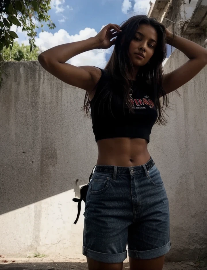 12-year-old girl.top negro, shorts, buen cuerpo