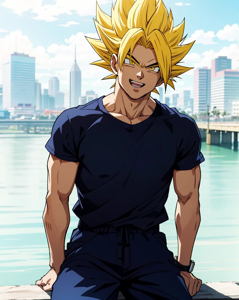 arafed man sitting on a ledge with a city in the background, super saiyan,(blond hair:1.5), ((yellow hair:1.5)),super saiyan goku, super sayan, super sayian goku, super saiyan 3, going super saiyan, dragon ball concept art, dragon ball artstyle, 4 k manga wallpaper, goku from dragon ball, an epic anime of a energy man, 4k anime wallpaper,smile,