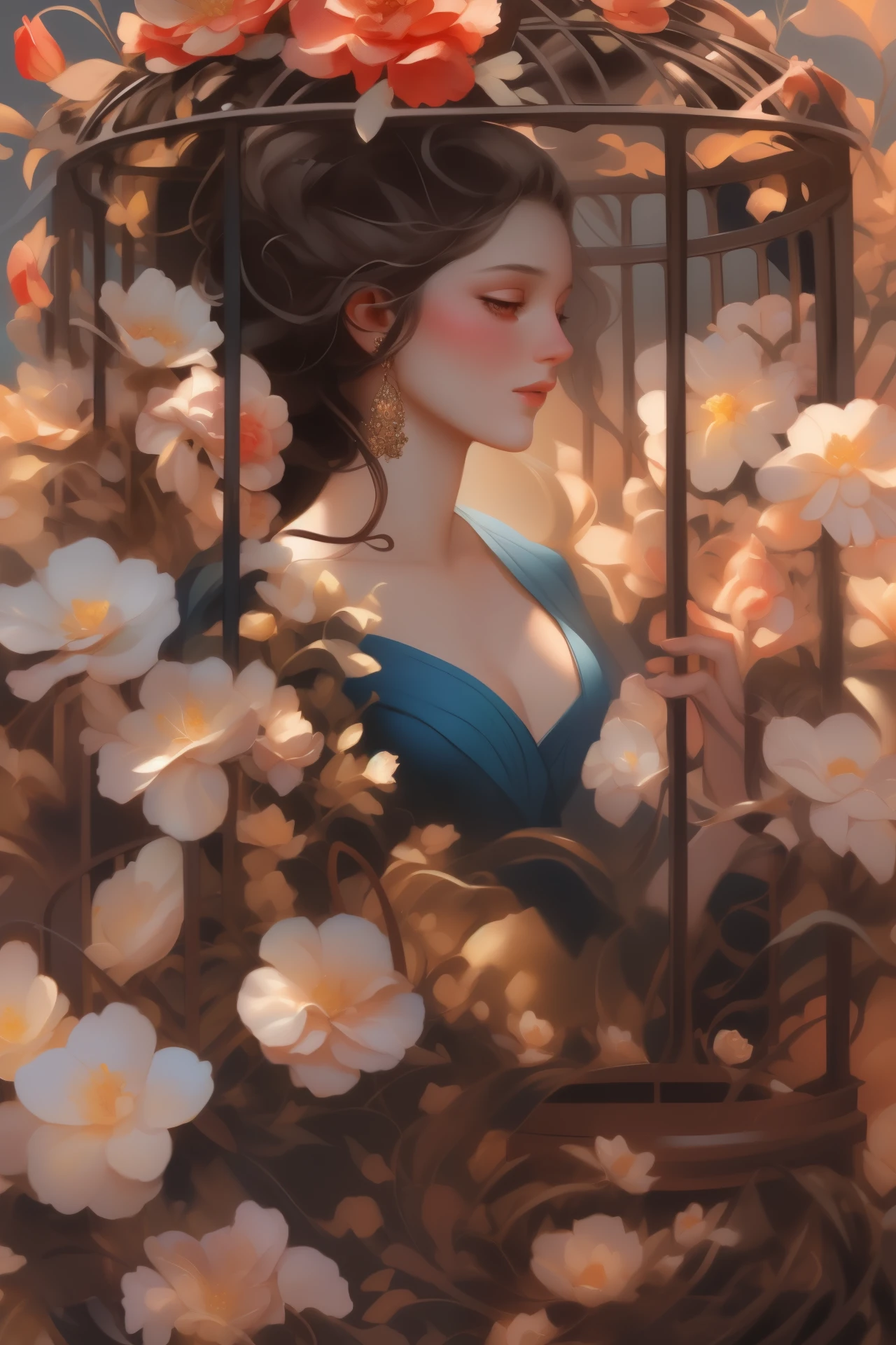 painting of a woman in a blue dress with flowers in a cage, beautiful art uhd 4 k, beautiful fantasy art portrait, a beautiful artwork illustration, beautiful digital artwork, detailed painting 4 k, elegant digital painting, beautiful character painting, beautiful gorgeous digital art, exquisite digital illustration, beautiful digital illustration, beautiful digital painting, beautiful digital art, beautiful fantasy portrait