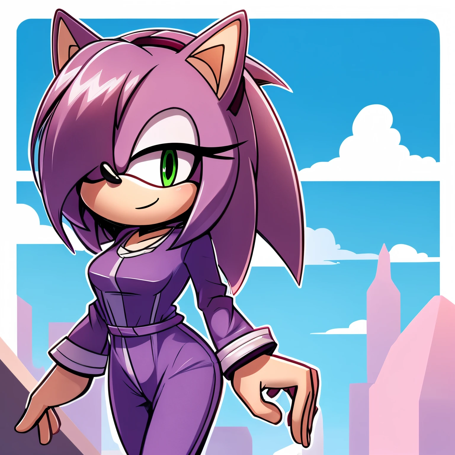Female, Mobian, Hedgehog, pastel pink, dark pale purple jumpsuit with pink stripes on the sides, green eyes, hair bang over one eye, 3 quills