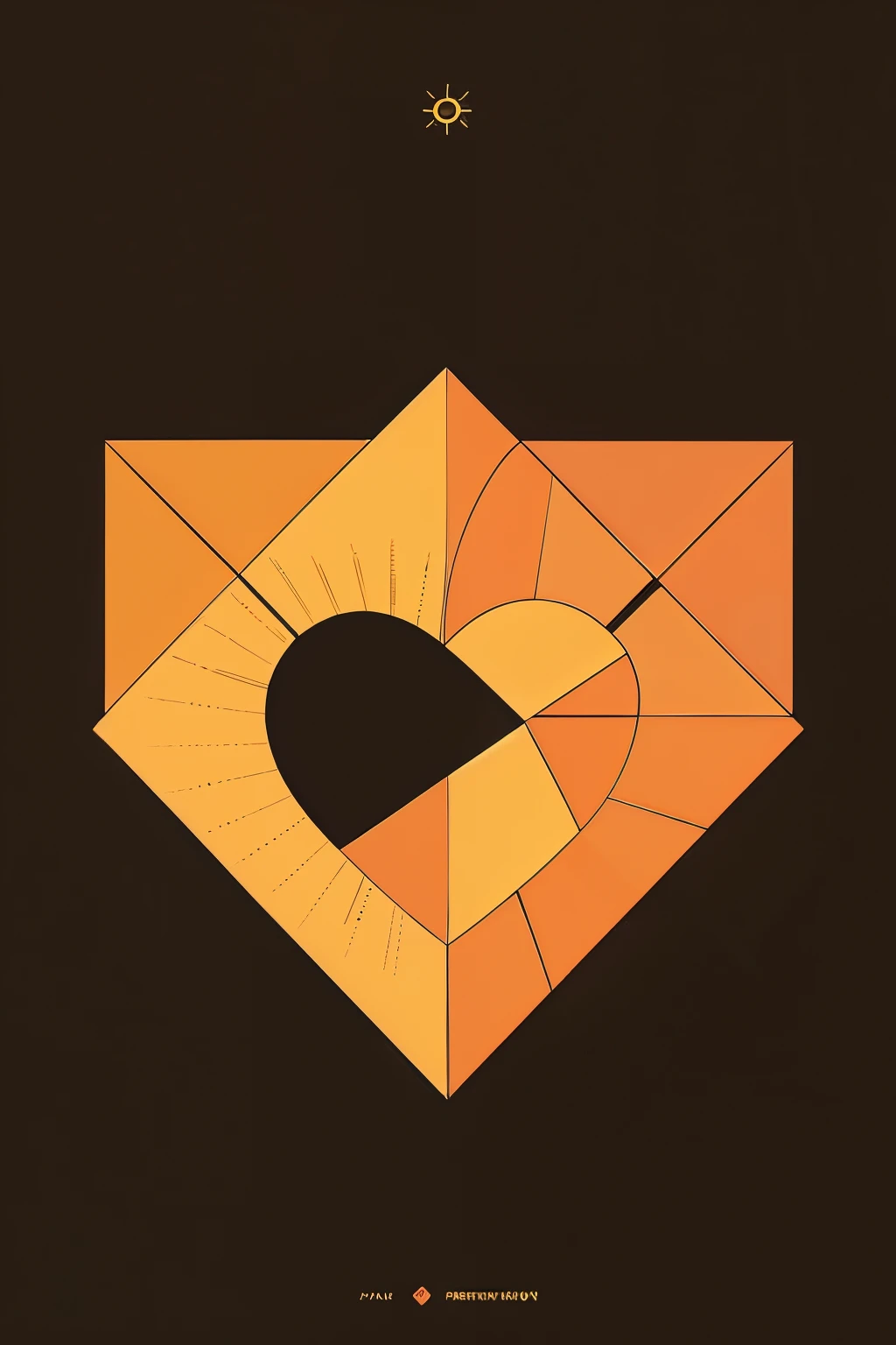Illustration style, Geometry learned, heart on the front, Image of the sun in the background, Color is black and white only, size that fits in a square, Adopt the golden ratio, The name of the person using this design is Solar Hearts