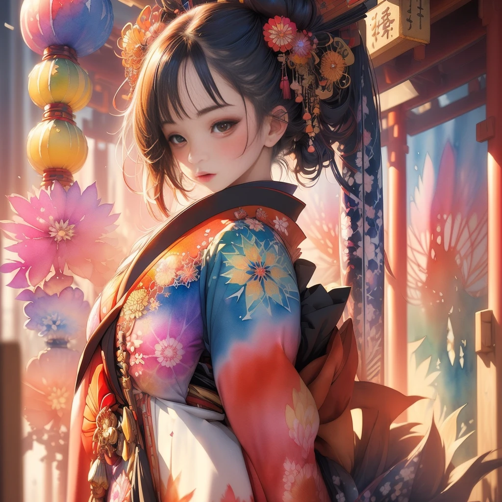 (Masterpiece, Top Quality, Top Quality, Official Art, Beautiful Aesthetics: 1.2), (One Girl in Kimono: 1.3), (Kaleidoscope: 1.2), High Definition, Rich Colors, Top Definition, (Watercolor: 1.3). 3), light mixing, playful patterns, lively textures, rich colors, unique visual effects, fantastic, (Fractal Art: 1.3)((Japanese Beauty))