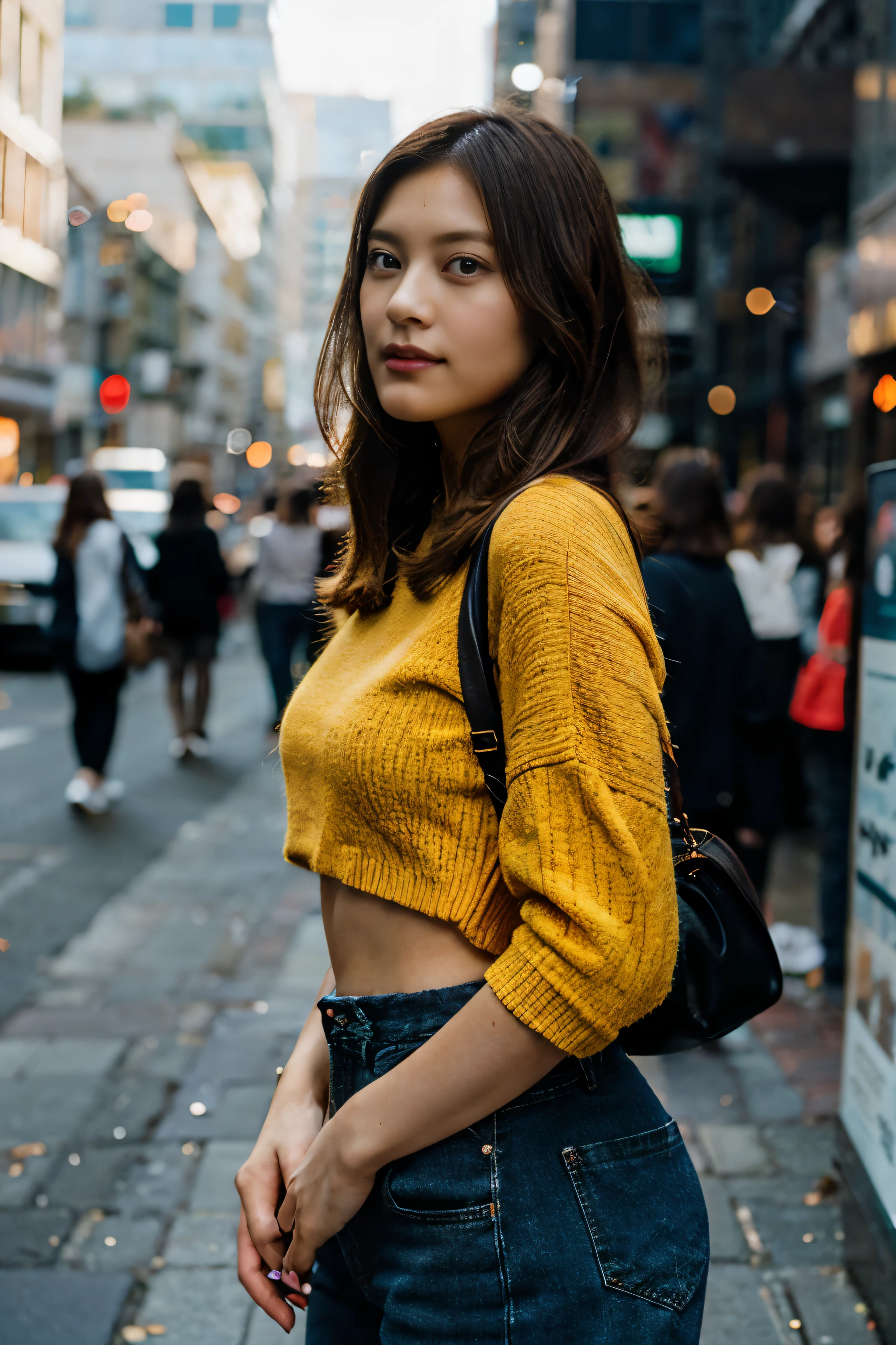 Casual half-body portrait of the brunette woman with a relaxed stance, shot against a vibrant cityscape background. She wears a chic urban outfit. Shot on kodak gold 400. The hair colour is orange.