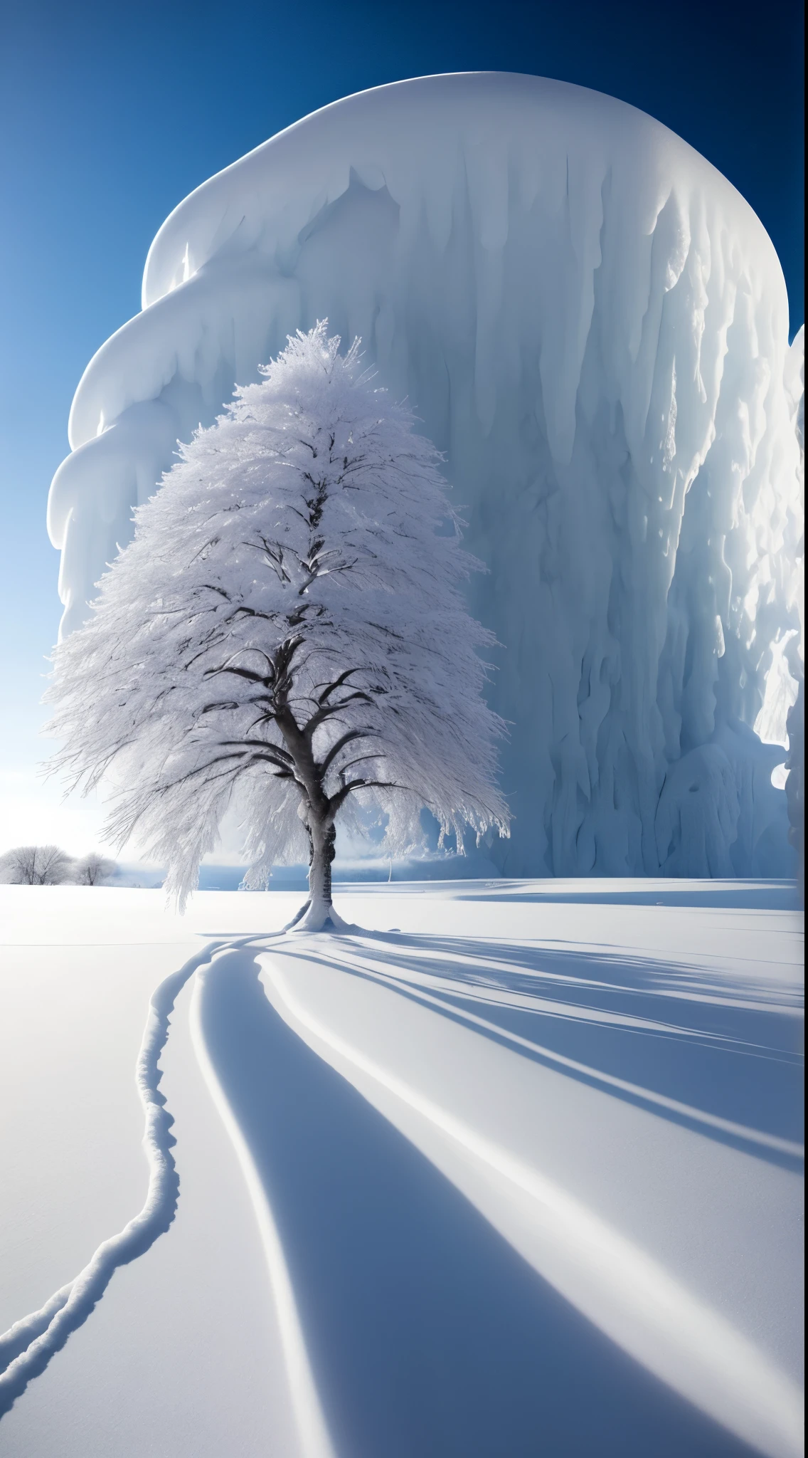 Feide tree in the blue sky and white snow, surreal frozen landscape, breath-taking beautiful trees, breath-taking beautiful trees, marc adamus, fantasia de cena de inverno, inspired by Igor Kieryluk, Inspired by Gediminas Pranckevicius, extremely beautiful and ethereal, weather photography, winter atmosphere