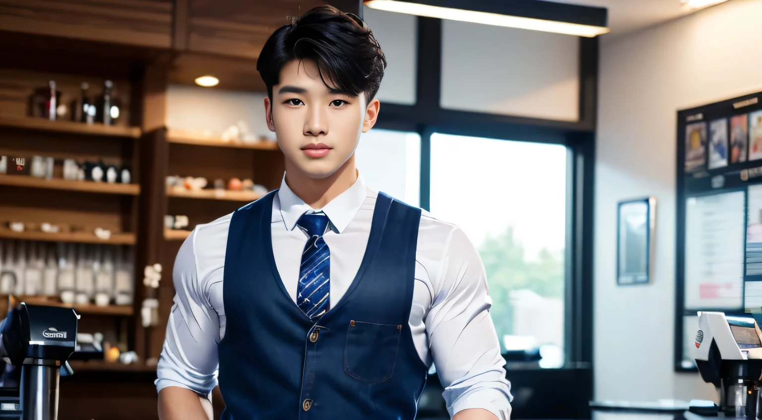 (tmasterpiece: 1.2),(computer generated art:1.3),(actual:1.5),(Post-processing:1.3), (Focus Clear:1.3), 1人, (Suits and ties), navy blue overalls, Young Koreans , Korean men, (high shadows detail), chest muscle, Big arm muscles, blood vessel, large muscle, Wide shoulders, looking at viewert, balance eyes, nightclub, Liman, cafe shop