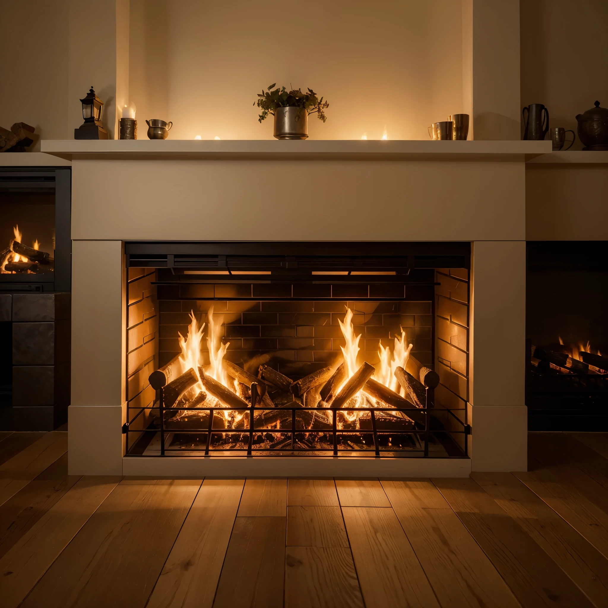 A cozy fireplace: Its crackling fire emanates a gentle warmth and casts a soft glow, enveloping the room in comfort and creating a soothing and cozy atmosphere indoors. This vividly depicted image, possibly a painting, captures the essence of tranquility with its perfect depiction of the flickering flames, the flickering shadows dancing on the walls, and the tender light that illuminates the embracing space. Every minute detail is flawlessly portrayed, from the intricately crafted fireplace surroundings to the meticulously positioned logs. This high-quality image exudes a sense of contentment and invites viewers to indulge in the serene pleasures of a cozy evening by the fire.