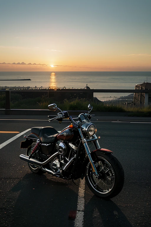 A Harley motorcycle is cruising on the highway, by the seaside, during sunset, capturing a sense of speed.