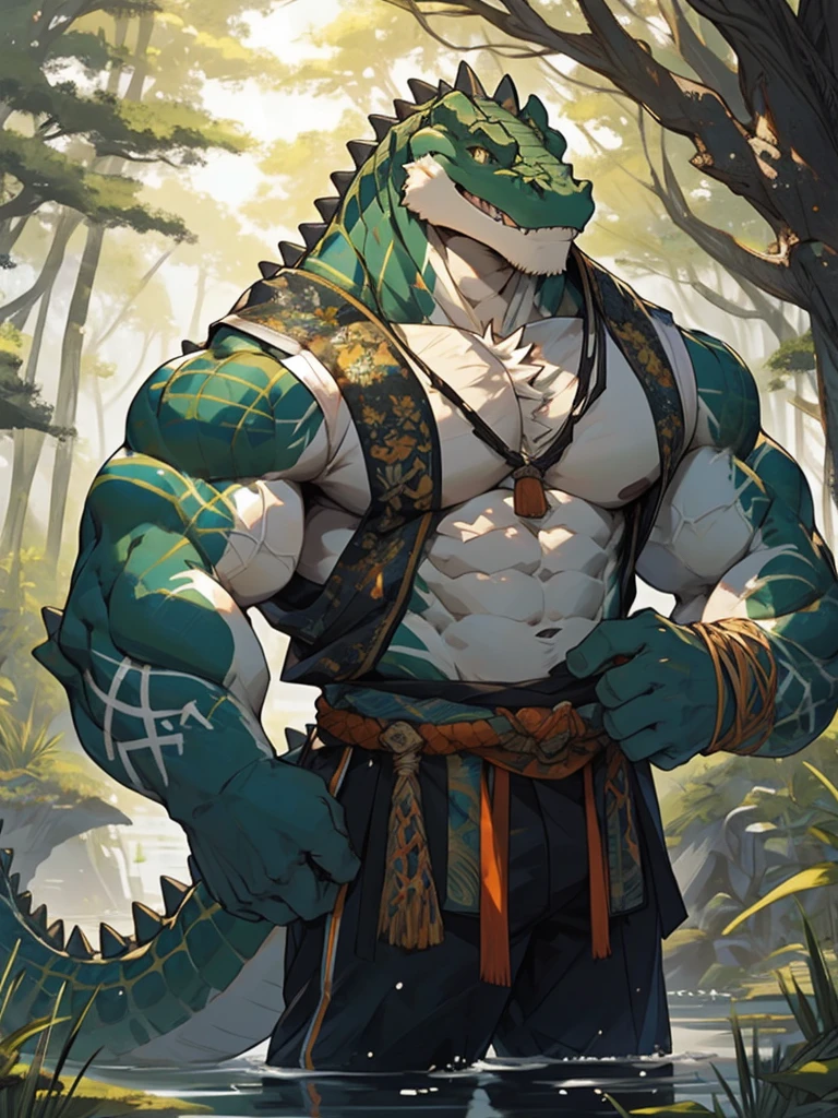 male people，alligators，Dark green complexion，White belly，Facial smile，forest backgrou，hairy pubic，Muscle tissue，Japanese clothes，sunny environment