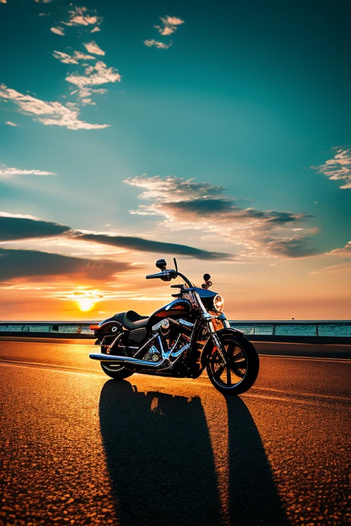 A Harley motorcycle is cruising on the highway, by the seaside, during sunset, capturing a sense of speed.