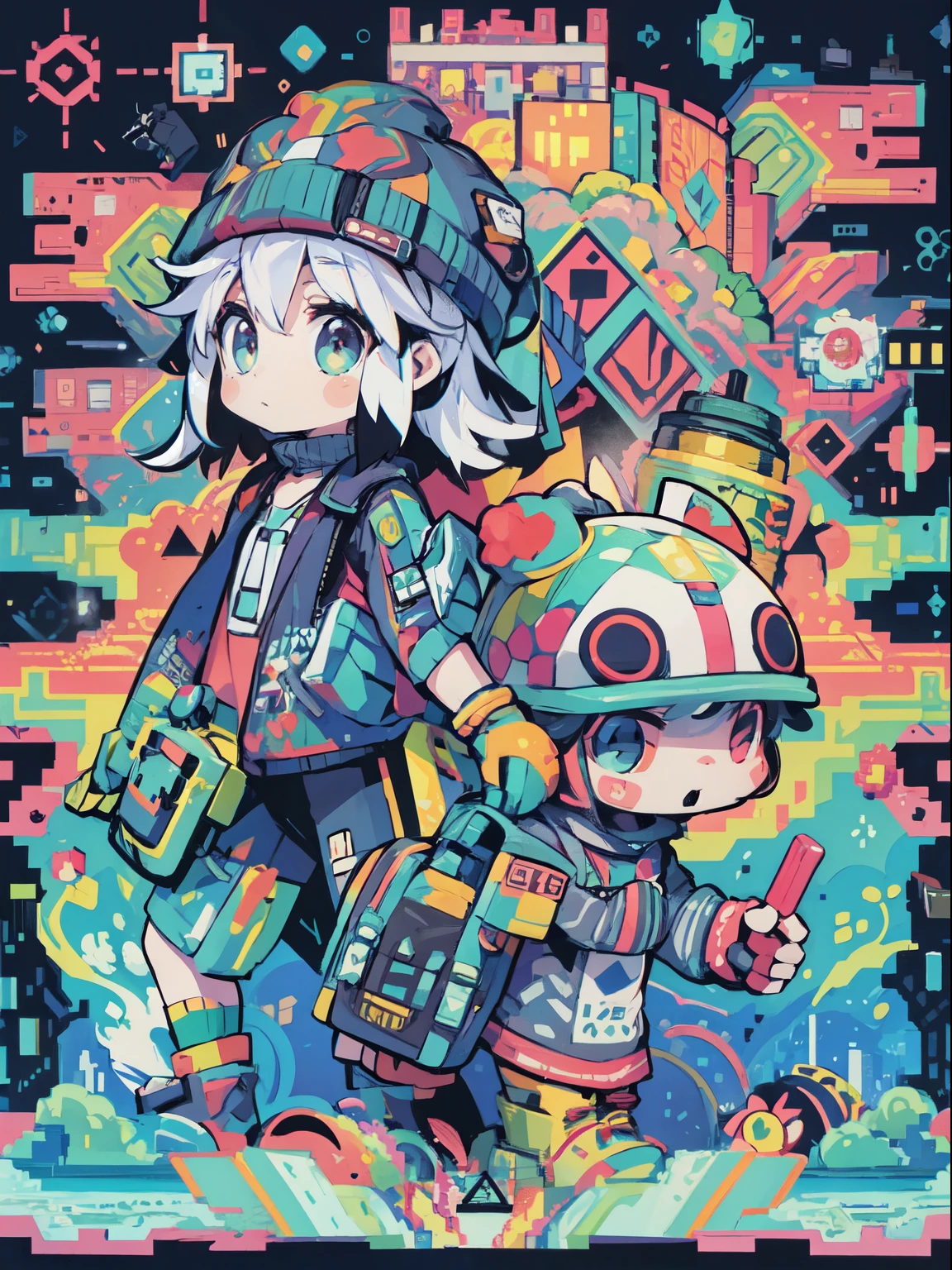Vibrant, pixel-art inspired digital painting BREAK A slightly angled side view with the characters positioned as if on a journey BREAK Two characters, one with a knit hat and jacket, the other wearing a helmet and holding a popsicle, both with a pixelated design BREAK A rich, multicolored cyberpunk cityscape background with an array of digital and geometric patterns, resembling a retro video game.