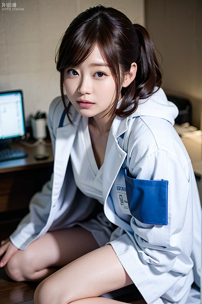 (Best Quality,8K,hight resolution,masutepiece:1.2),Ultra-detailed,(Realistic,フォトreallisticです,フォトreallistic:1.37),30-years old、Infirmary、(((Beautiful dental hygienist)))、(((Appearance during treatment)))、(Don't wear panties)), (((Leaning forward to look into the patient)))、(((Independent lab coat)))、(8K、top-quality、​masterpiece:1.2)、(reallistic、フォトreallistic:1.2)、 (((cross one's legs)))、(((Neat and clean lab coat)))、(((Kneeling and crossing)))、独奏、hospitals、watching at viewers、(Sit up:1.5)、(((hospitalsの病室)))、skirt by the, Nurse lab coat, sockes, A dark-haired, bblurry, bblurry