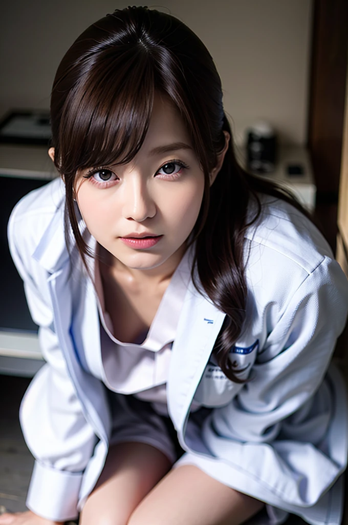 (Best Quality,8K,hight resolution,masutepiece:1.2),Ultra-detailed,(Realistic,フォトreallisticです,フォトreallistic:1.37),30-years old、Infirmary、(((Beautiful dental hygienist)))、(((Appearance during treatment)))、(Don't wear panties)), (((Leaning forward to look into the patient)))、(((Independent lab coat)))、(8K、top-quality、​masterpiece:1.2)、(reallistic、フォトreallistic:1.2)、 (((cross one's legs)))、(((Neat and clean lab coat)))、(((Kneeling and crossing)))、独奏、hospitals、watching at viewers、(Sit up:1.5)、(((hospitalsの病室)))、skirt by the, Nurse lab coat, sockes, A dark-haired, bblurry, bblurry