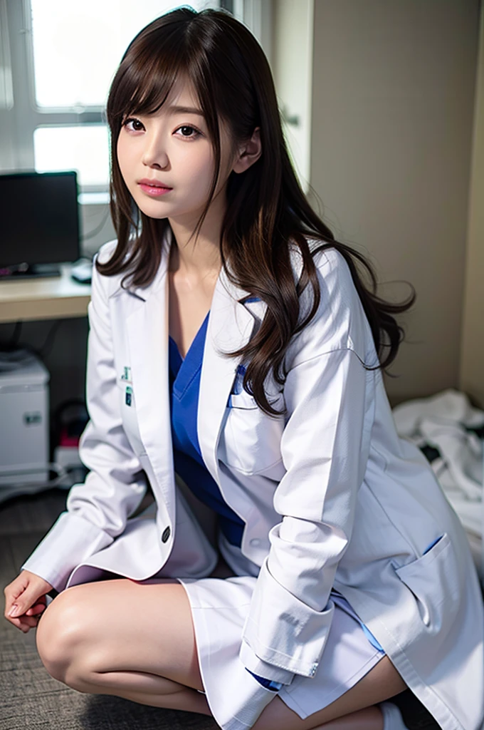 (Best Quality,8K,hight resolution,masutepiece:1.2),Ultra-detailed,(Realistic,フォトreallisticです,フォトreallistic:1.37),30-years old、Infirmary、(((Beautiful dental hygienist)))、(((Appearance during treatment)))、(Don't wear panties)), (((Leaning forward to look into the patient)))、(((Independent lab coat)))、(8K、top-quality、​masterpiece:1.2)、(reallistic、フォトreallistic:1.2)、 (((cross one's legs)))、(((Neat and clean lab coat)))、(((Kneeling and crossing)))、独奏、hospitals、watching at viewers、(Sit up:1.5)、(((hospitalsの病室)))、skirt by the, Nurse lab coat, sockes, A dark-haired, bblurry, bblurry