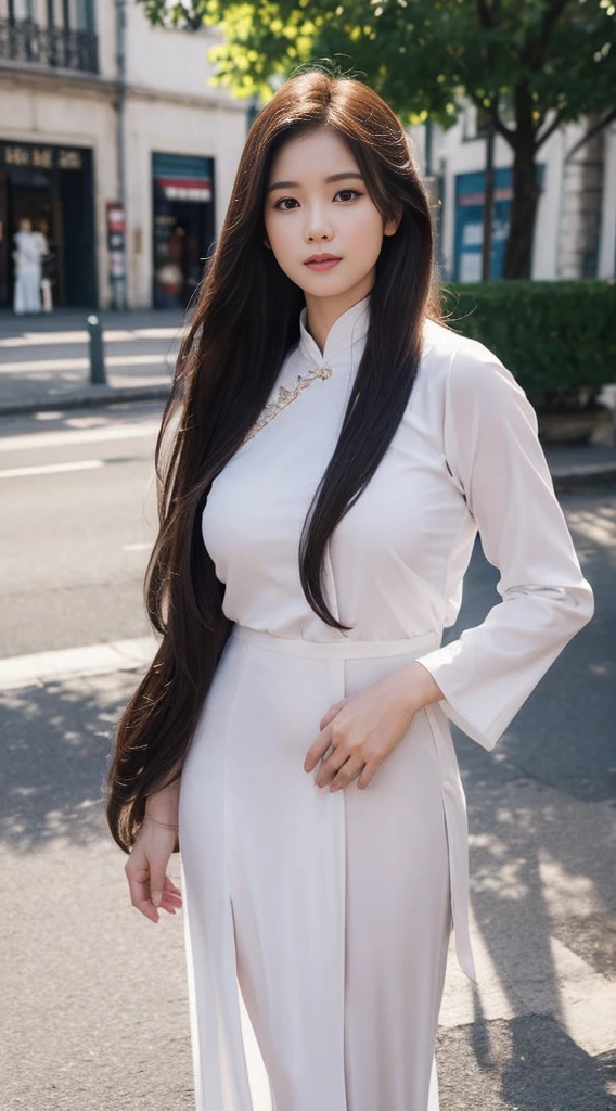 bestquality,masterpiece,ultra-high resolution,(photorealistic portrait:1.4),1 girl, bara,A Beautiful Girl , 20 age , long-haired , Wearing a white Ao Dai outfit. , Full body portrait ,No pants. , art style , bright lighting , whip from behind , Posing on the streets of Paris , Shot with a Canon EOS 5D Mark IV camera., By adjusting the light to be softer.