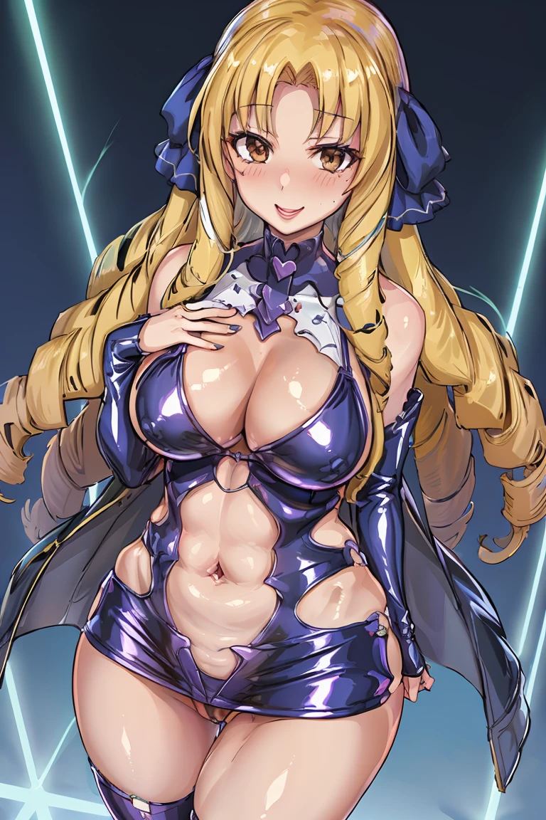 masterpiece, highres, best quality, absurdres, official, (bodycon, microdress), Luvia, (1girl:1.2), (solo), long hair, blonde hair, drill hair, brown eyes, (hair ribbon), skindemtation, (extremely wrinkled shiny clothes reflecting light:1.2), latex, skin fit, gleaming skin, navel, glamorous perfect female proportion, captivating smile, blush, venue,