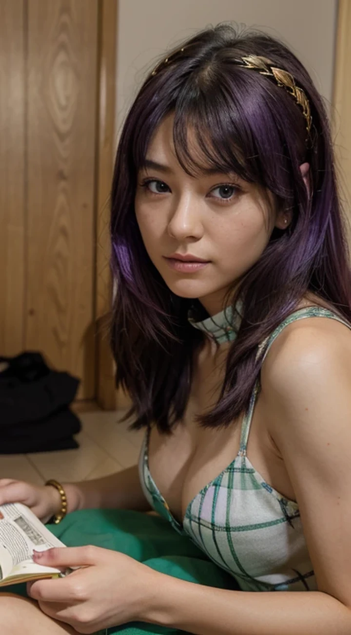 arafed girl laying on the floor Reading a book, Reading a book, Trying to read, trying to study, reading new book, in a japanese apartment, tsutomo nihie, chiho, village girl Reading a book, Hikkikomori, Studying, narumi kakinouchi, Japanese portrait , tsugumi ohba, Beautie, Full-HD, master piace, High quality, Super Detail, Purple hair, Green eyes, close-up, Cinematic lights, High neck sleeveless check dress, Gold Bracelet, colorful flower tattoo on arm