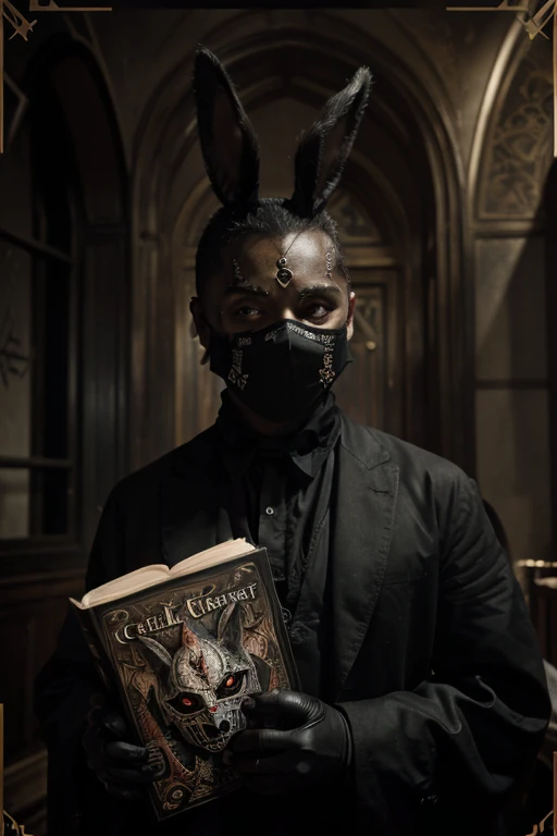 ( masterpiece, best quality ), wallpaper 8K, highly detailed, poster, Faust 1926, highly detailed book artistic frame, european culture, German expressionist, horror thriller cinematic movie poster, horror theme ( cult that worships a black bunny demon using black masks ), male character, horror book cover artstyle