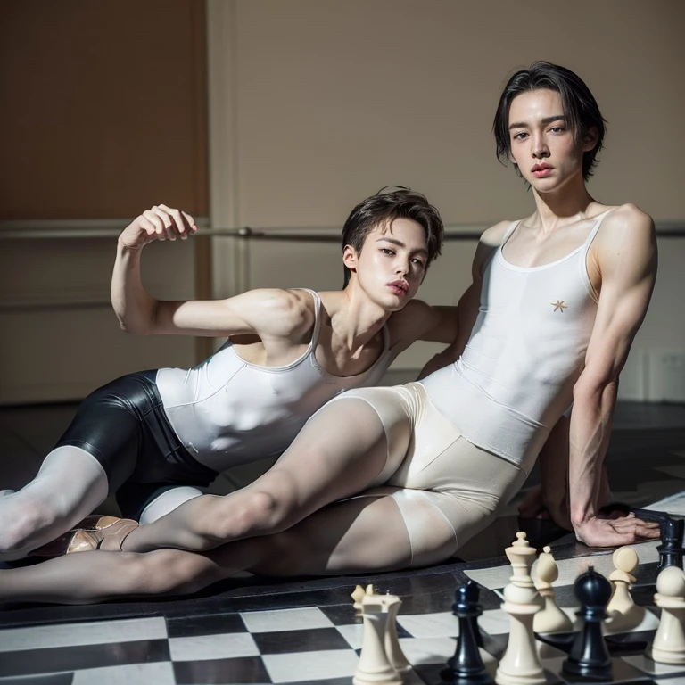 (masterpiece, best quality, dreamlike, hyperrealistic, 2boys, weak androgynous males, ballet tights, male crotch bulge, chess ballet, checkmate, white lost, black pawn takes white king:1.35)