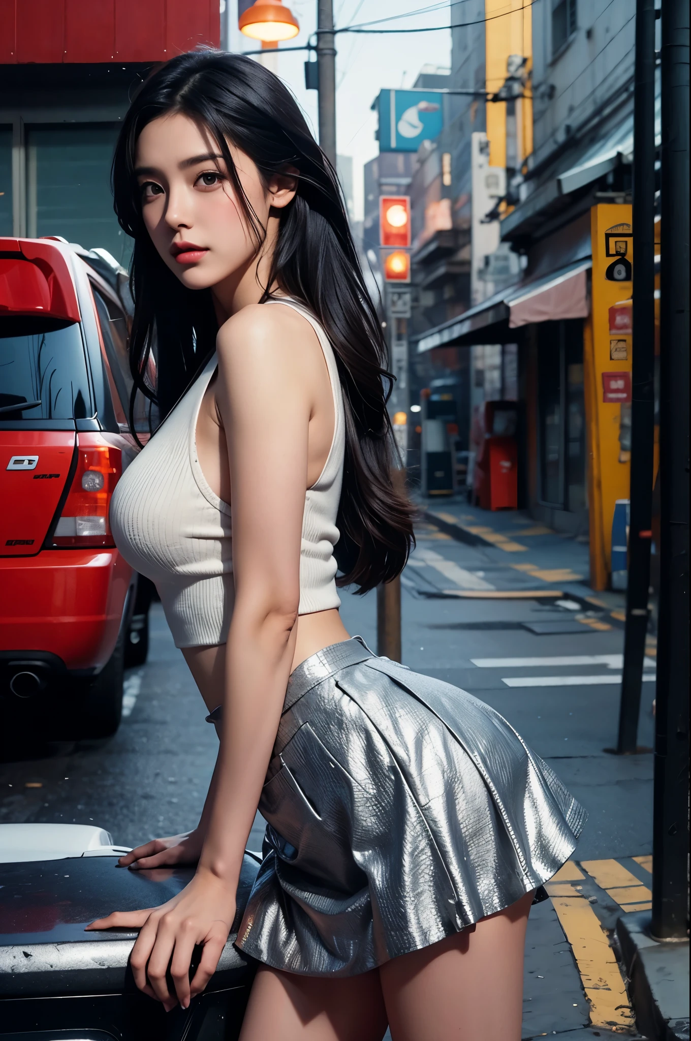 8K，Best quality at best, tmasterpiece, lamplight, actual, realistically, Amazing Cleavage,  Larger file size, ultra - detailed, A high resolution, extremely detaild的 CG unified 8k wallpapers, Ray traching, High fashion woman in skirt，Corner store，like a dream_A WORLD，Posing against matching geometric background. She has stylish long black hair，Wear stylish cosmetics and accessories.