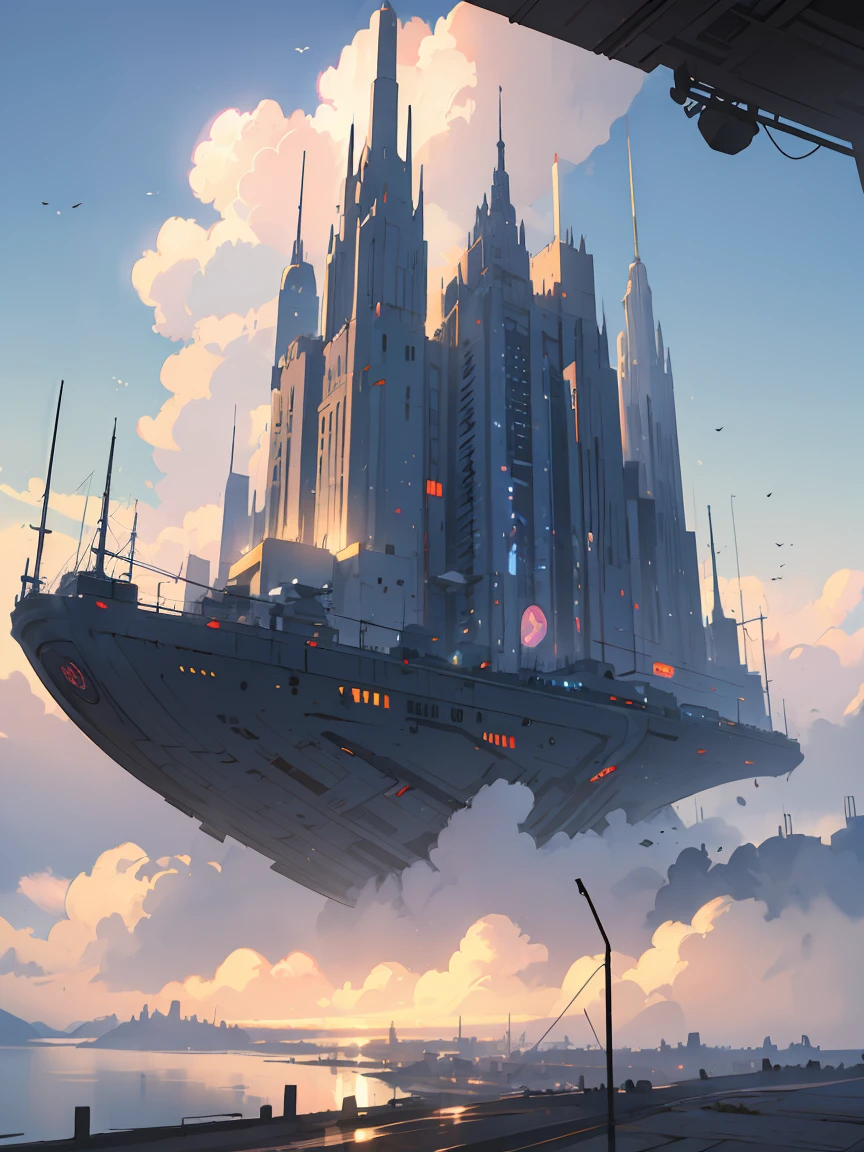 environment design, no human, flying transportation in the sky, futuristic modern city, landscape scene, fog overcast, morning, mist, photorealistic,