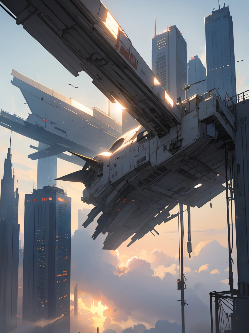 environment design, no human, flying transportation in the sky, futuristic modern city, landscape scene, fog overcast, morning, mist, photorealistic,