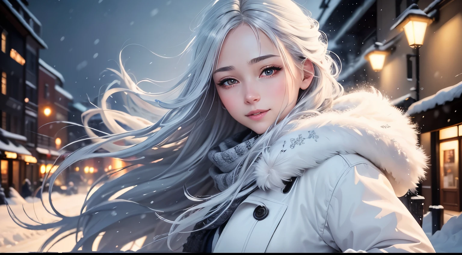 (best quality,4k,highres),(realistic:1.37),anime girl,long silver hair,stylish winter outfit,walking,fluffy white dog,snow-covered street,scenic background,vivid colors,soft lighting,detailed eyes,detailed lips,smiling expression,cityscape in the distance,falling snowflakes,playful interaction