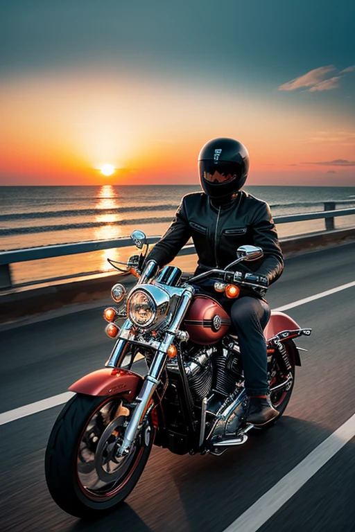 A Harley motorcycle is cruising on the highway, by the seaside, during sunset, capturing a sense of speed.