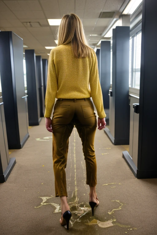 tall blonde, tan business pants, heels, ((pee stain)), show heels, ((rear view)), (((very bright lighting)))