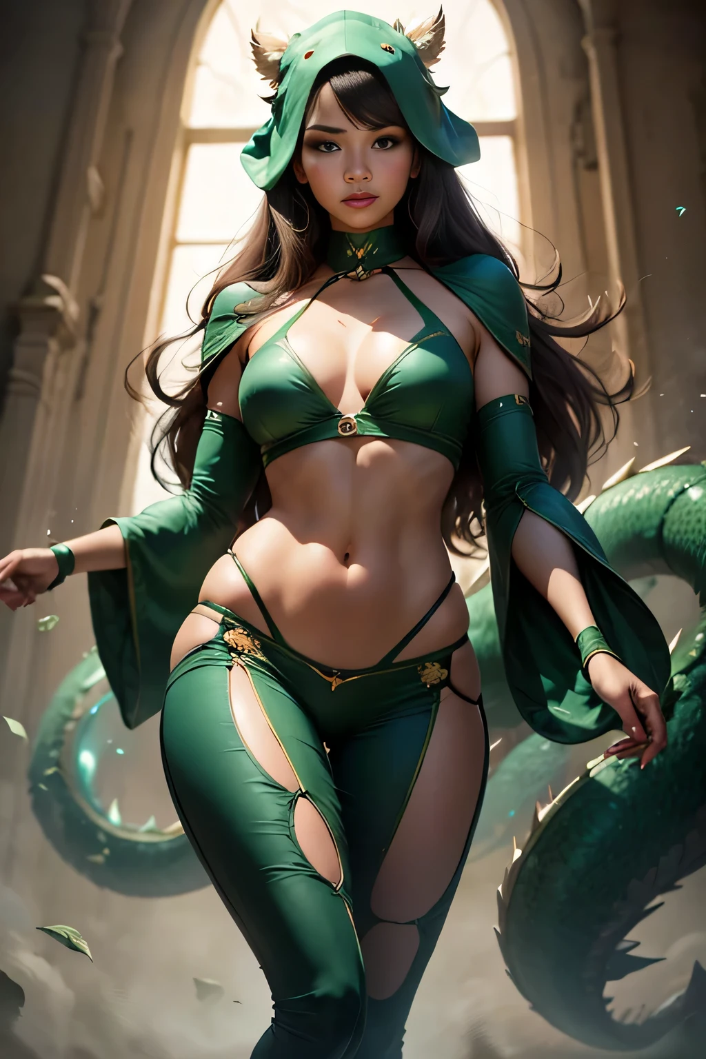 8K, Raw photo, Best Quality, masutepiece, (Photorealistic), Sharp Focus, 20-year-old woman, Beautiful face, Detailed face, Full body shot, (だぶだぶの緑のDragon costumeを着ている: 1.2), Dragon costume, Gentle smile, (Light from the front: 1.5)