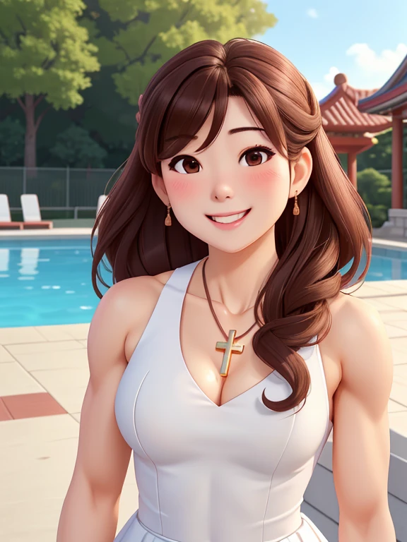 attractive korean woman, ripped muscle, muscular body, small breast, pale skin, smile(blush), bride dress, cross necklace, sixpack abs, [ultra detailed skin:1.2], brown hair, wavy hair, 8k uhd, full body, crowd, public, poolside, standing, cum on face,