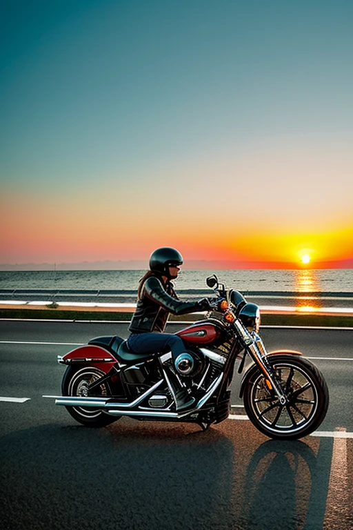 A Harley motorcycle is cruising on the highway, by the seaside, during sunset, capturing a sense of speed.