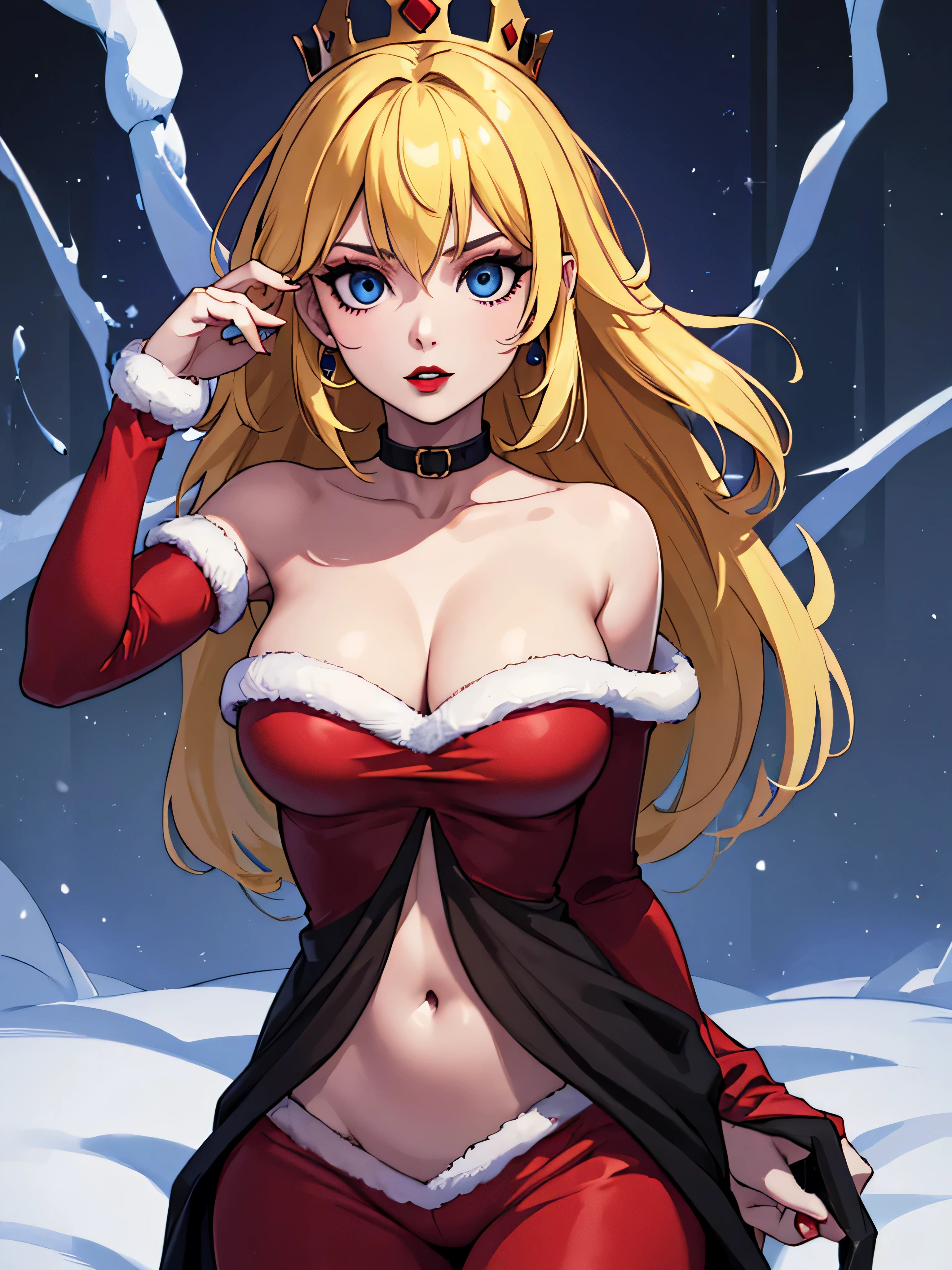 ((high detailed, best quality, 4k, masterpiece, hd:1.3)), ((best quality)), (((HD))), (((8k))), (ultraDH), (ultra HD), Snowy Forest background, snowflake pattern, Princess Peach, blue eyes, BREAK blue eyes, seductive, attractive, smooth anime cg art, 36C breasts, long legs, vivid colors, detailed digital art, slim body, perfect skin, yellow hair, blond hair, BREAK crown, cleavage, 36C cleavage, looking at viewer, BREAK looking at viewer, extremely detailed face, red santa suit lingerie, red santa claus suit lingerie, santa claus suit lingerie, earrings, gem, dark black makeup lips, dark gothic eyeshadows, dark eyeshadows, black eyeshadows, black sexy lips, black lips, (dark:1.2), dark lips, very dark lips, (perfect hands, perfect anatomy), black makeup, black medium lips, detailed fingers, five fingers per hand, 5 fingers, (1 girl), detailed lips, detailed black lips, black painted lips, gothic painted lips, BREAK night, night sky, (off shoulder:1.1), (breasts out:1.3),