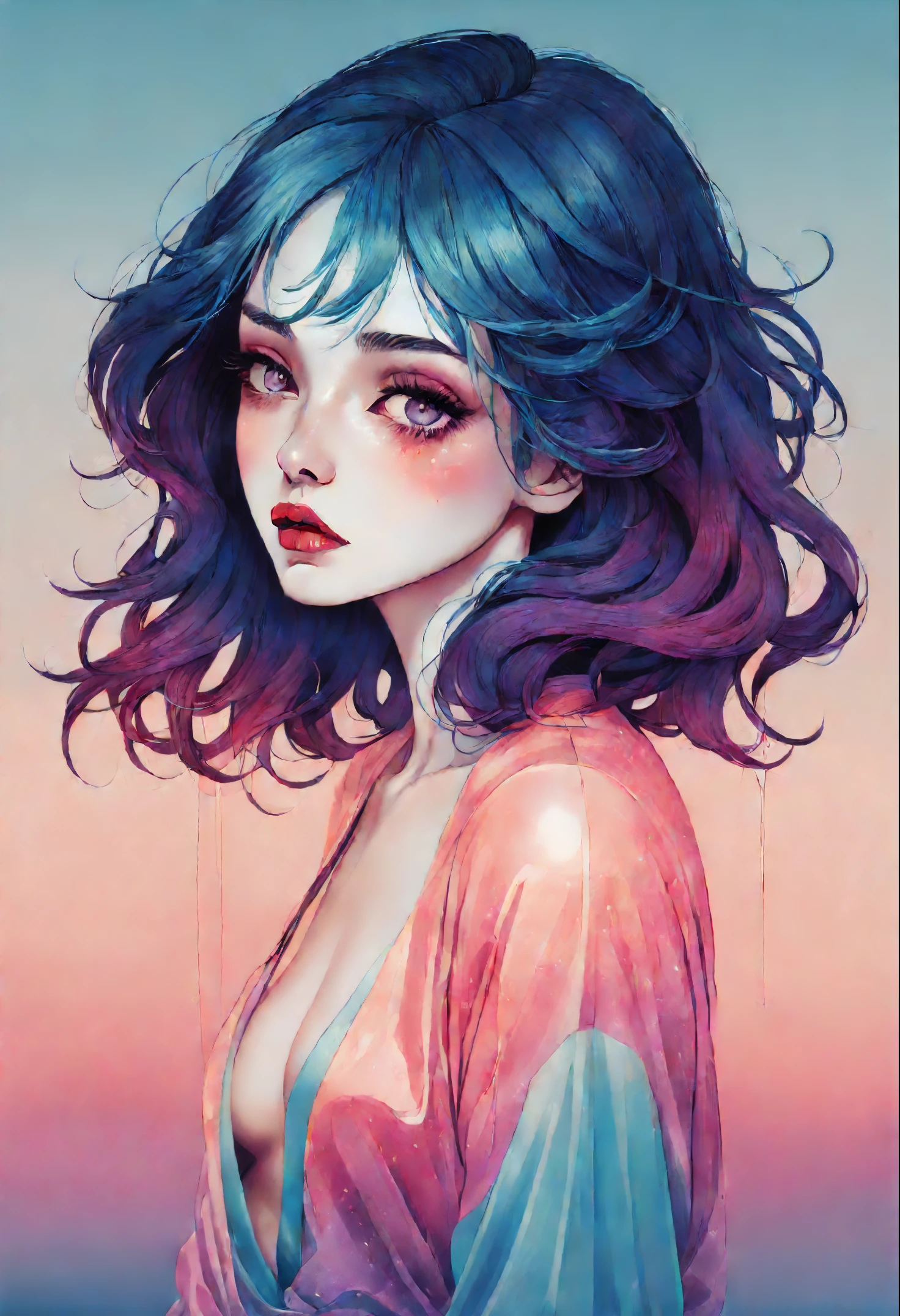 chiaroscuro technique on  illustration of an elegant oldies , wet hair, vintage, eerie, matte painting, by Hannah Dale, by Harumi Hironaka, extremely soft colors, vibrant, highly detailed, digital illustrations , high contrast, dramatic, refined, tonal, facial expression