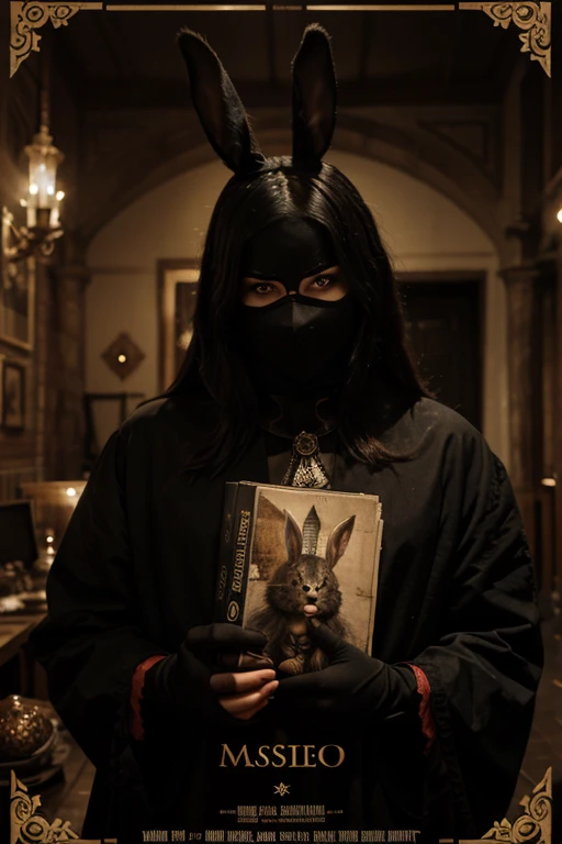 ( masterpiece, best quality ), wallpaper 8K, highly detailed, poster, Faust 1926, heavy border with a highly detailed artistic frame, european culture, German expressionist, horror thriller cinematic movie poster, horror theme ( cult that worships a black bunny demon using full face dark masks ), male character, horror book cover artstyle