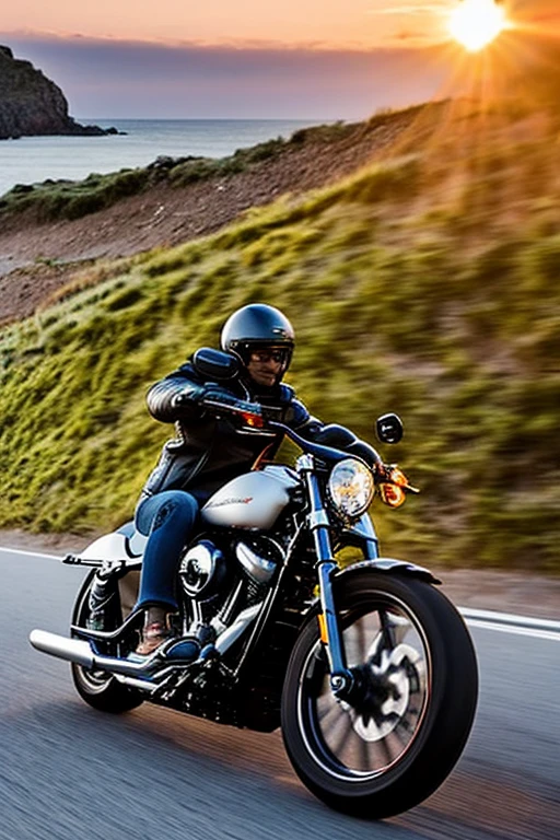 A Harley motorcycle is cruising on the highway, by the seaside, during sunset, capturing a sense of speed.
