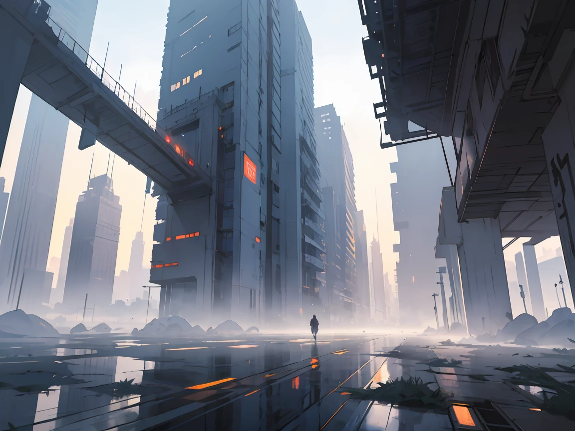 environment design, no human, flying transportation in the sky, futuristic modern city, landscape scene, fog overcast, morning, mist, photorealistic,