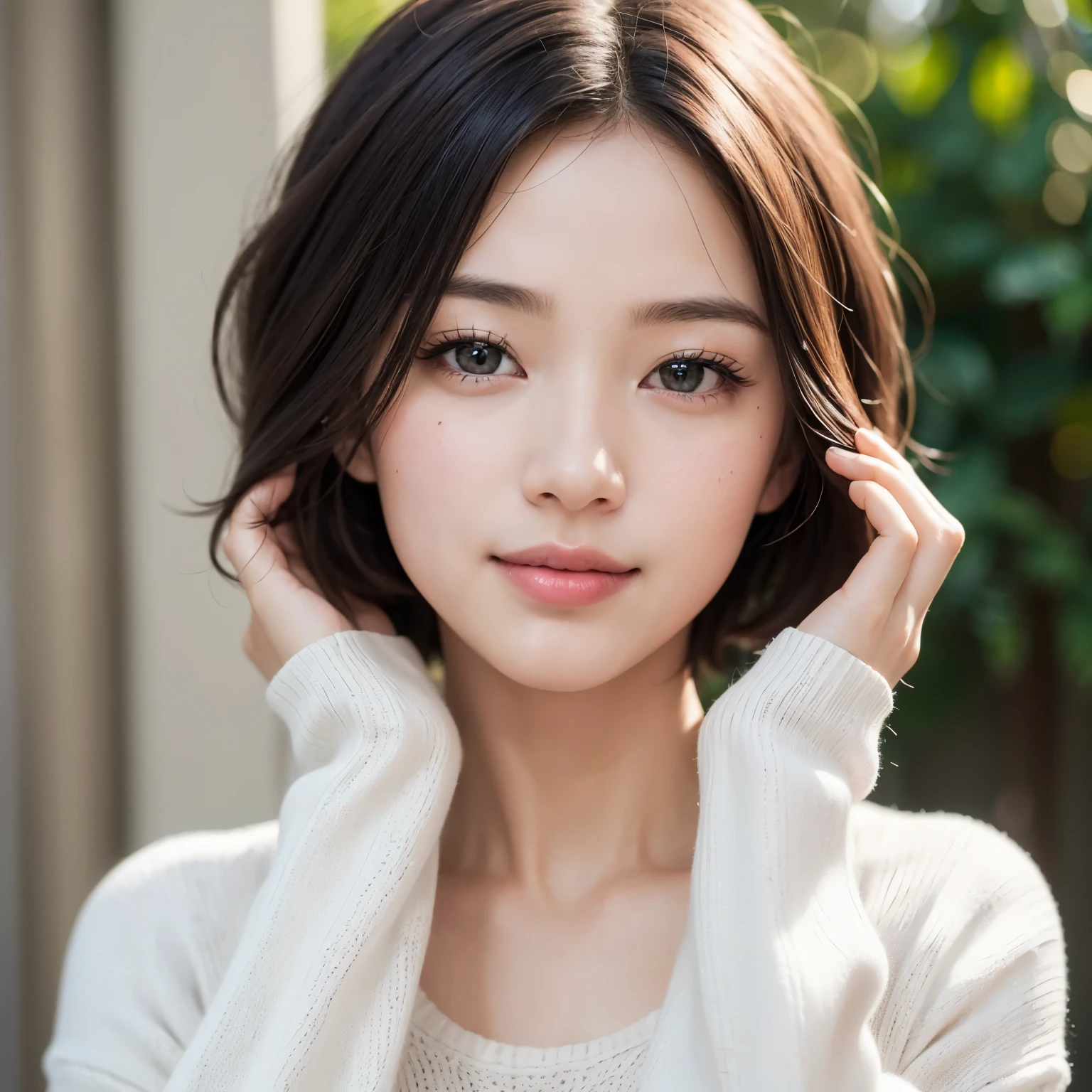 masterpiece、The highest image quality、hightquality、Beautuful Women、japanes、Popular Korean Makeup、detaileds、detailedsな目、detailedsな皮膚、Beautiful skins、超hight resolution、(现实:1.4)、very extremely beautiful、Slightly younger face、Beautiful skins、thin-waist、(A hyper-realistic)、(illustratio)、(hight resolution)、(8K)、(非常にdetaileds)(The best illustrationeautifully detailed eyes)、(超detaileds)、(wall-)、(detaileds顔)、ビューアのdetailedsを見る、 detailedsな顔、pureerosfaceace_v1、A smile、Looking straight ahead、photos realistic、Colorful hair color、(((very_Short_hair)))、((Background with:Natural greenery)),White sweater