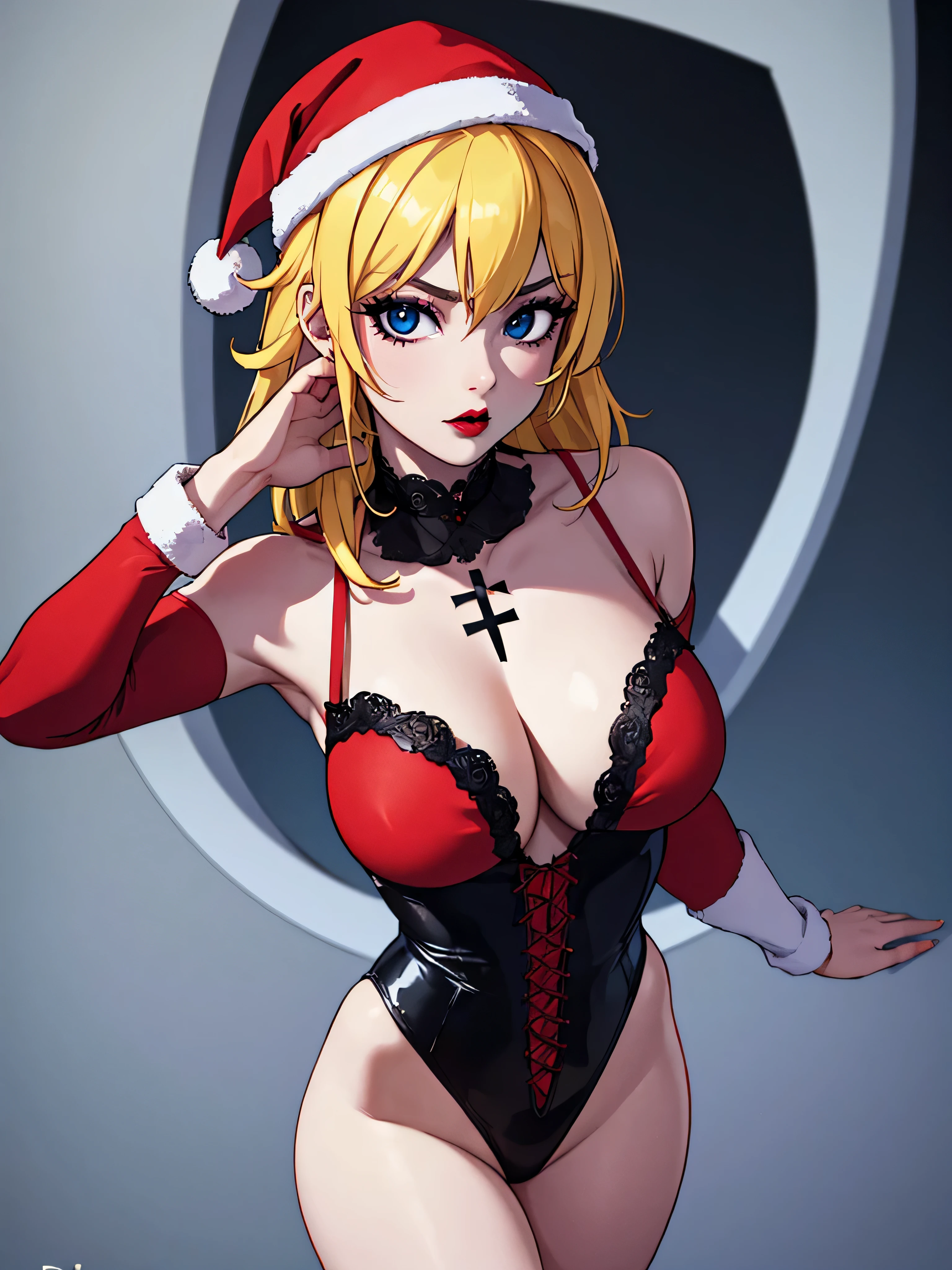 ((high detailed, best quality, 4k, masterpiece, hd:1.3)), ((best quality)), (((HD))), (((8k))), (ultraDH), (ultra HD), Snowy Forest background, snowflake pattern, Princess Peach, blue eyes, BREAK blue eyes, seductive, attractive, smooth anime cg art, 36C breasts, long legs, vivid colors, detailed digital art, slim body, perfect skin, yellow hair, blond hair, BREAK crown, cleavage, 36C cleavage, looking at viewer, BREAK looking at viewer, extremely detailed face, red santa suit lingerie, red santa claus suit lingerie, santa claus suit lingerie, earrings, gem, dark black makeup lips, dark gothic eyeshadows, dark eyeshadows, black eyeshadows, black sexy lips, black lips, (dark:1.2), dark lips, very dark lips, (perfect hands, perfect anatomy), black makeup, black medium lips, detailed fingers, five fingers per hand, 5 fingers, (1 girl), detailed lips, detailed black lips, black painted lips, gothic painted lips, BREAK night, night sky, (off shoulder:1.1), (breasts out:1.3),