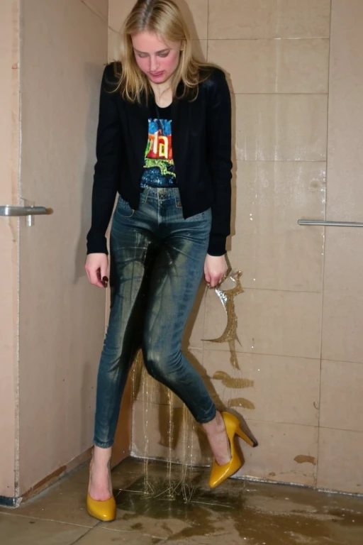 tall blonde woman, skinny jeans, heels, ((pee stain)), show heels, pee runs down legs of jeans