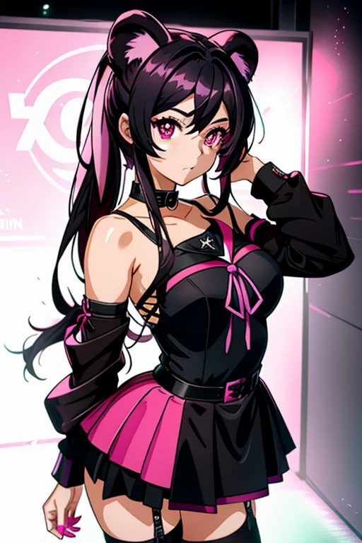 1girl, school girl clothes, long, black hair with hot pink highlights, magenta eyes, high school dxd anime style