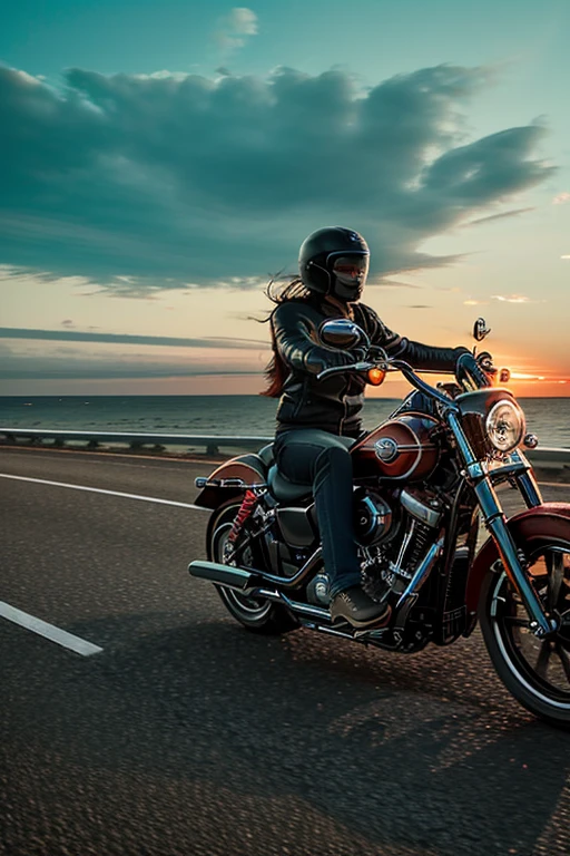 A Harley motorcycle is cruising on the highway, by the seaside, during sunset, capturing a sense of speed.